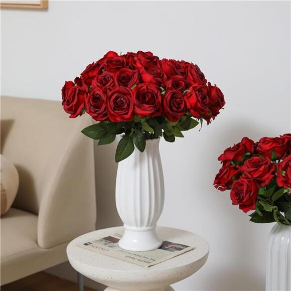 Red Roses Artificial Flowers -12 pcs Realistic Long Stem Fake Silk Roses Bouquet - Picture 3 of 7